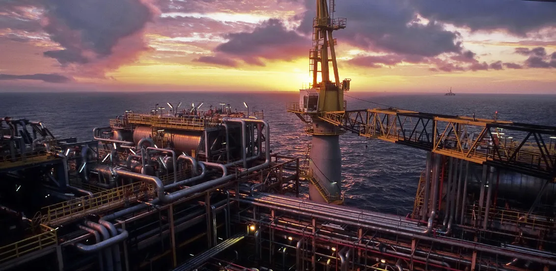 FPSO topsides pipework at sunset