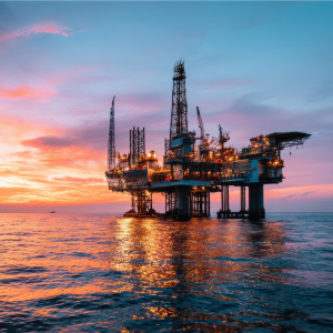 Offshore production platform standing in open water at sunset