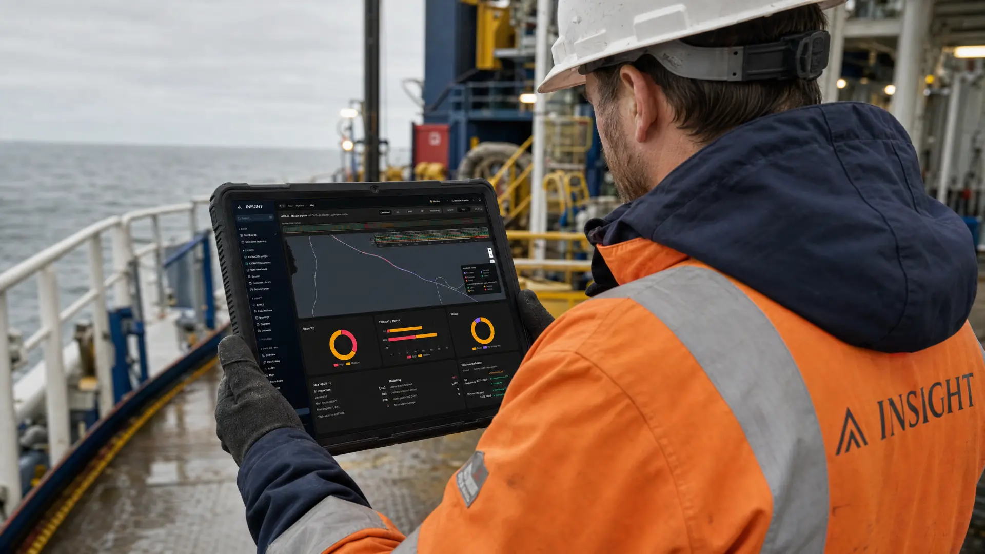 Engineer in orange protective clothing and hard hat reviewing equipment data on a tablet offshore