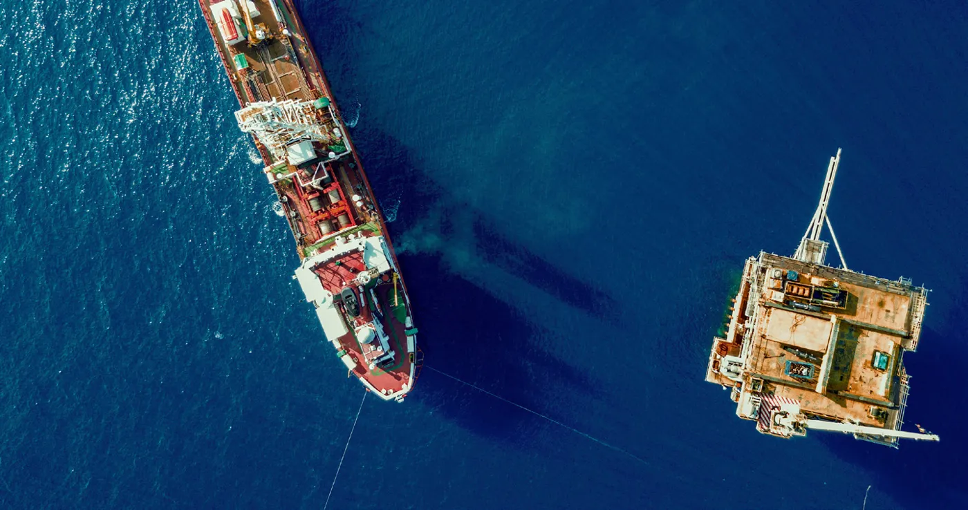 Aerial view of an FPSO and offloading buoy