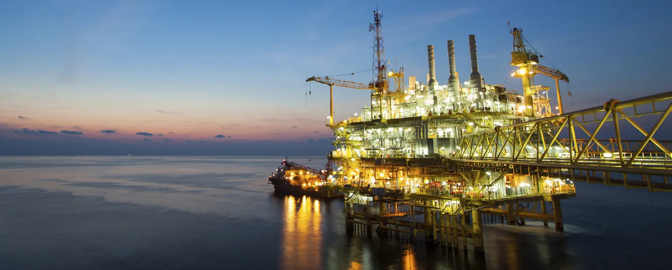 North Sea production platform lit at dusk