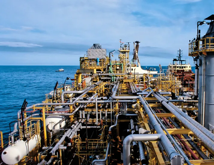 FPSO deck pipework at sea